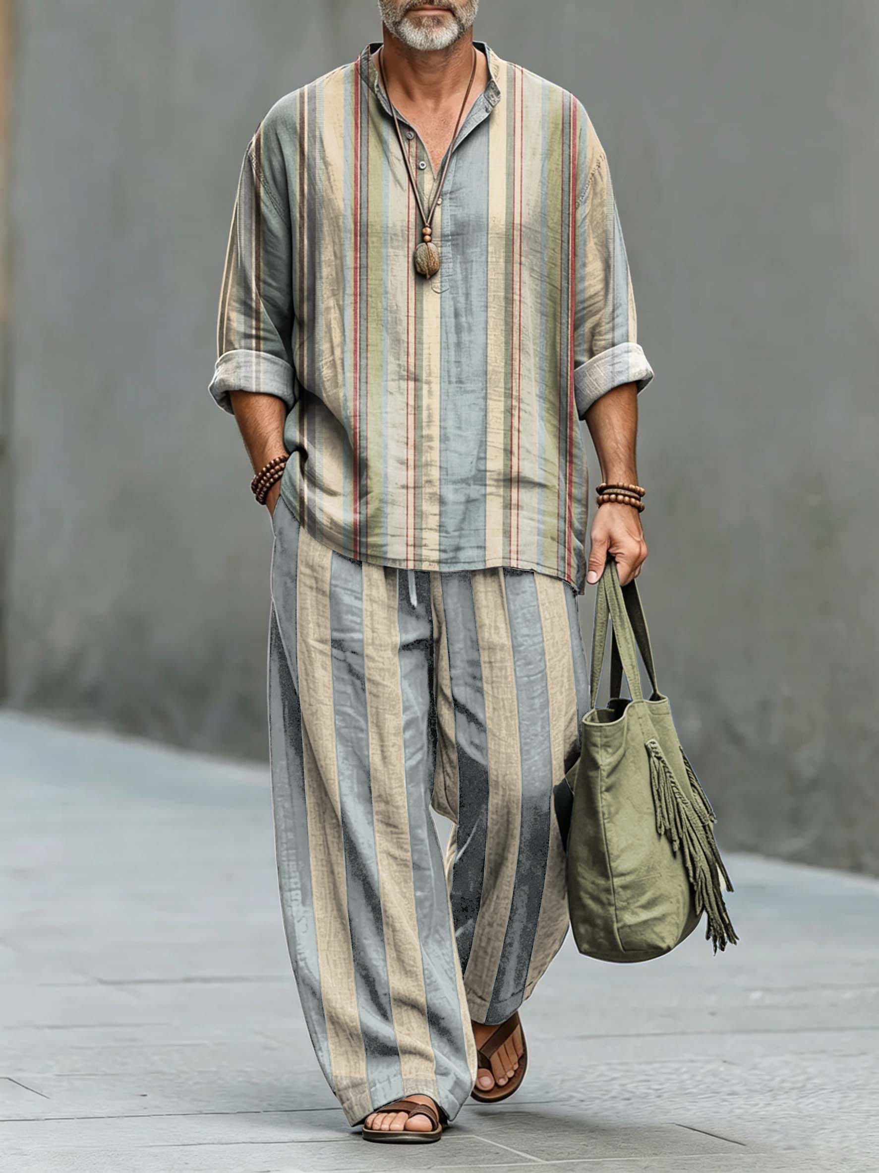 Men's Retro Stripes Art Print Cotton Shirt Set